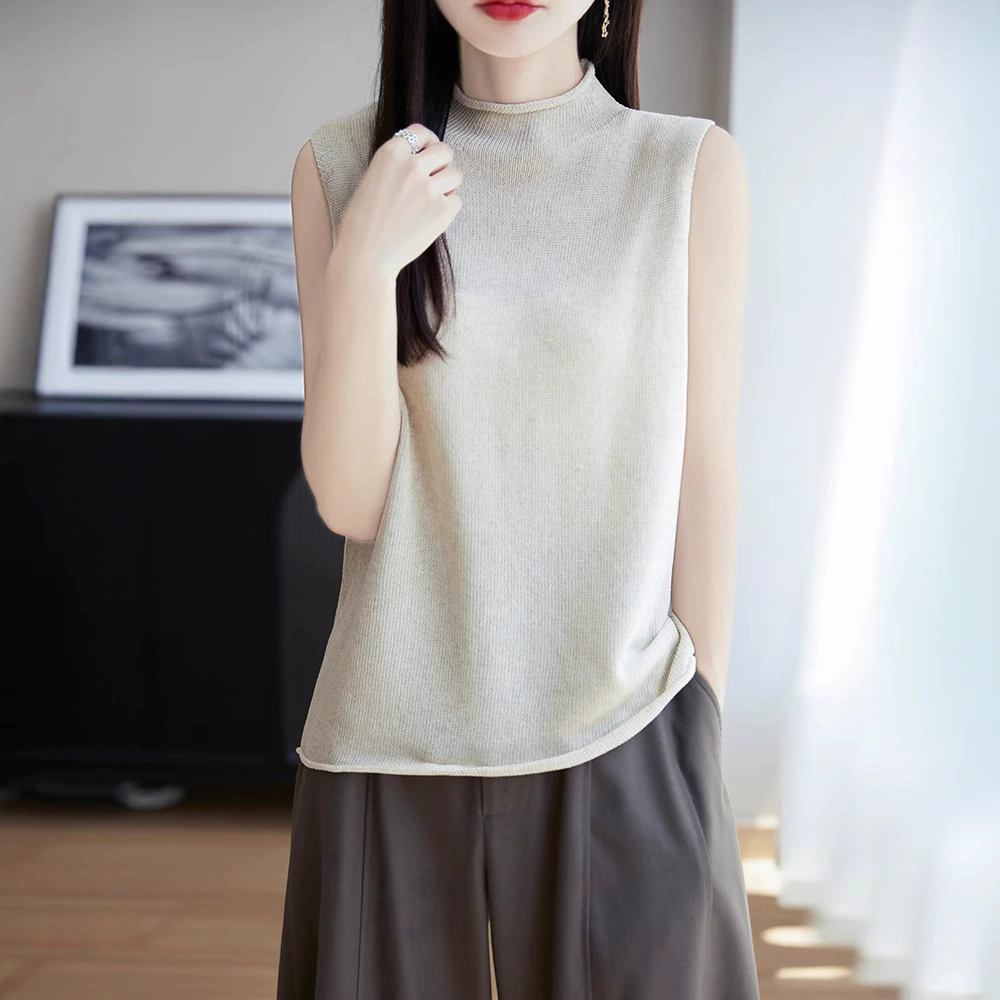 Весна 2025, новый вязаный жилет из льна Tencel с полукруглым вырезом, однотонный свободный пуловер, внутренний топ без рукавов