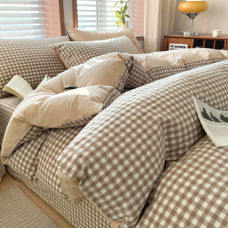 Juego de cuatro piezas de algodón lavado teñido en hilo para estudiantes 2025 nuevo juego de sábanas de edredón de dormitorio de estudiantes de tres piezas