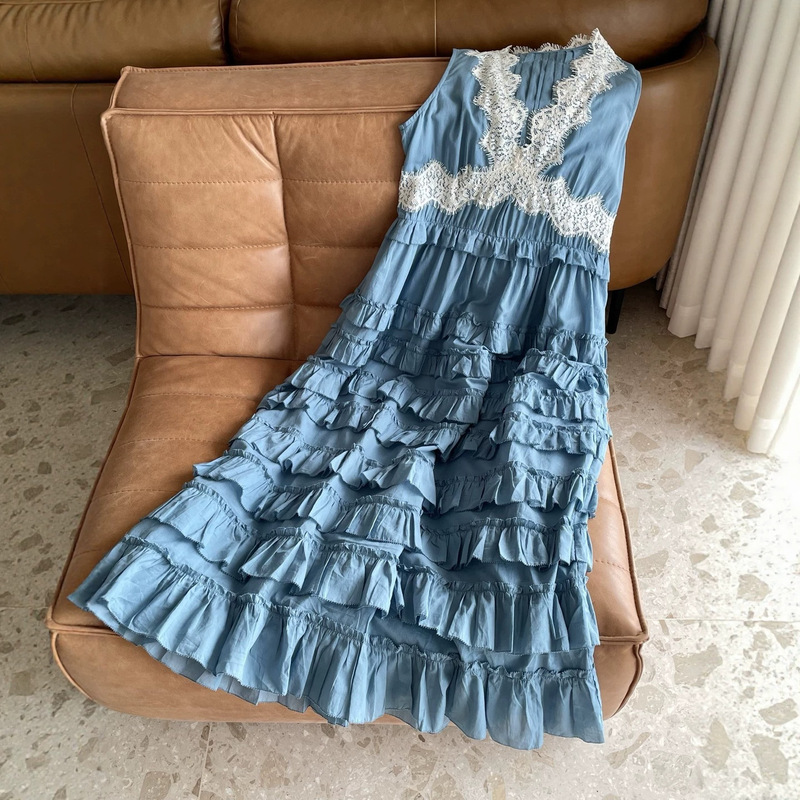 New York Blues Waltz Smurfs Lace V-Neck Cake Vest Dress Long Dress