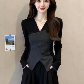 大码高级不规则假两件长袖恤女春季胖修身显瘦打底衫上衣
