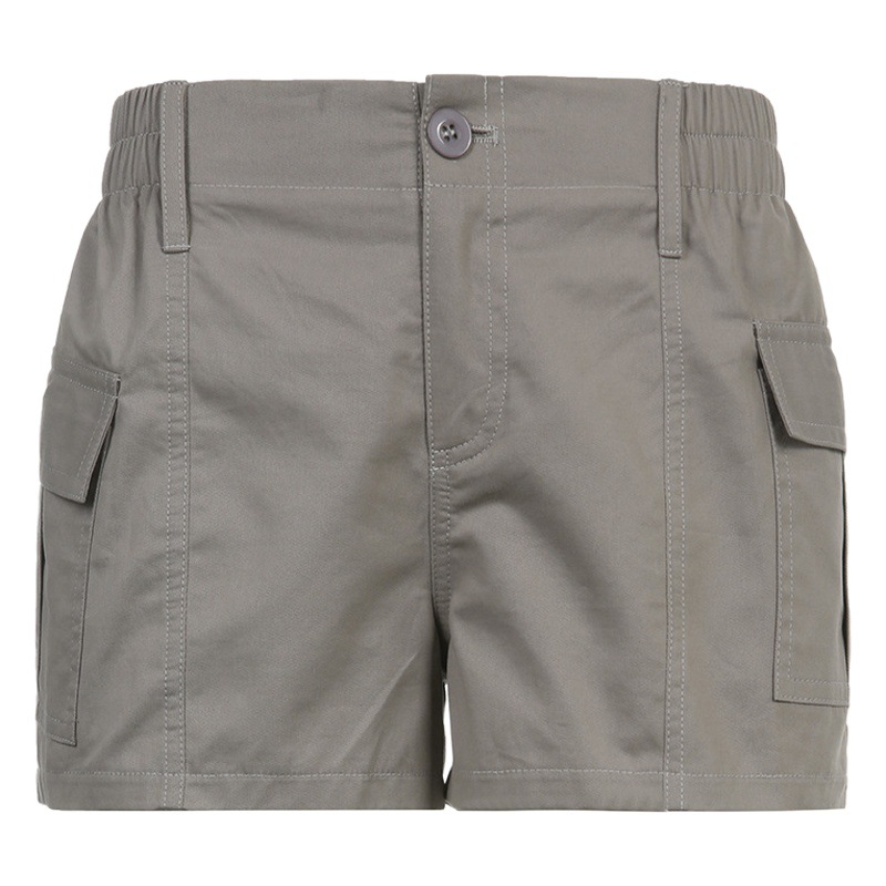 Pantalones Cortos de Cargo de Tiro Bajo para Mujer de Algodón Cintura Baja Con Bolsillos Elástico Medio