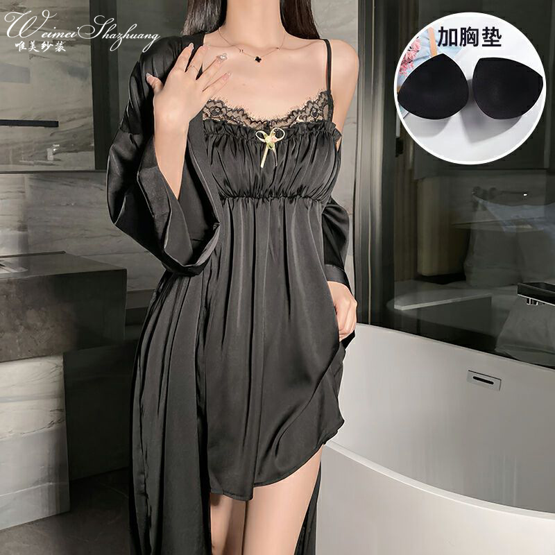 薄款性感露背蕾丝吊带自带胸垫纯欲丝滑家居服套装性感修身睡裙