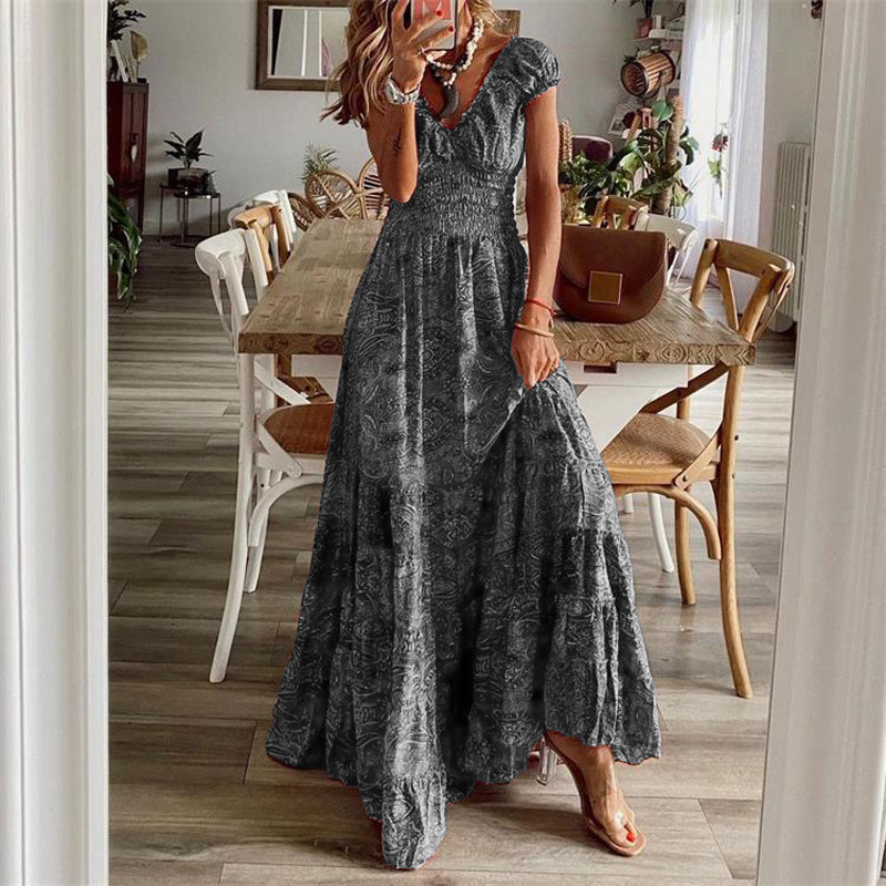 Women's Swing Dress Bohemian V Neck Patchwork Pleated Short Sleeve Printing Maxi Long Dress Travel display picture 5