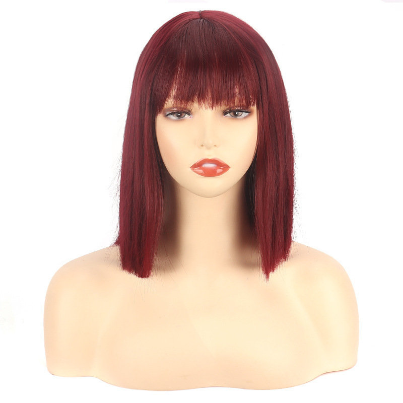 Europa y los Estados Unidos transfronterizos parejas pelucas de mujer vino rojo corto recto frente encaje mediano realista fibra química wig