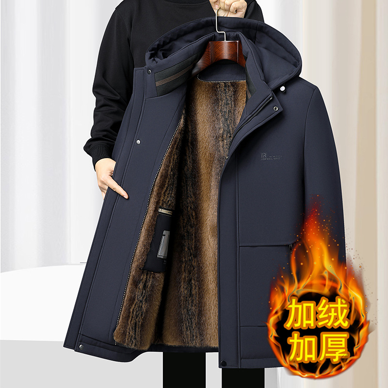 Traditional Chinese style Tang suit men's warm cotton-padded coat with detachable hood, suitable for middle-aged men, winter fleece-lined windproof and cold-proof.