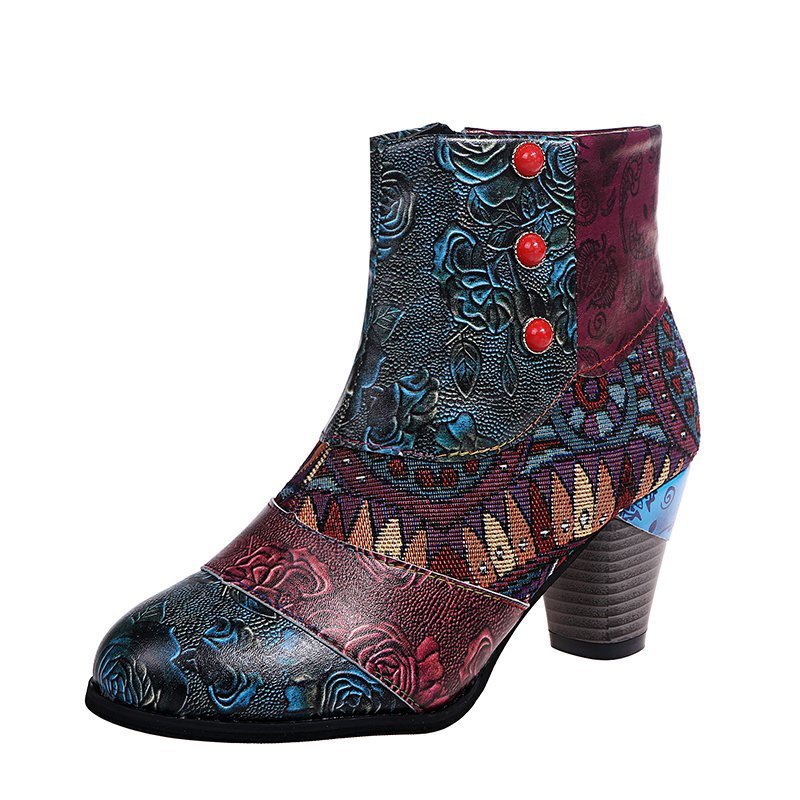 Bottes courtes ShoeVault Cross-Border grandes tailles pour femmes, collection hiver 2021, style ethnique patchwork, bottines Martin à boutons et talons épais._voghion.com
