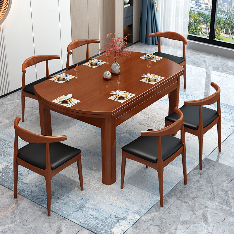 實木餐桌椅組合可伸縮摺疊跳台吃飯家用桌子方圓兩用長方形餐廳桌