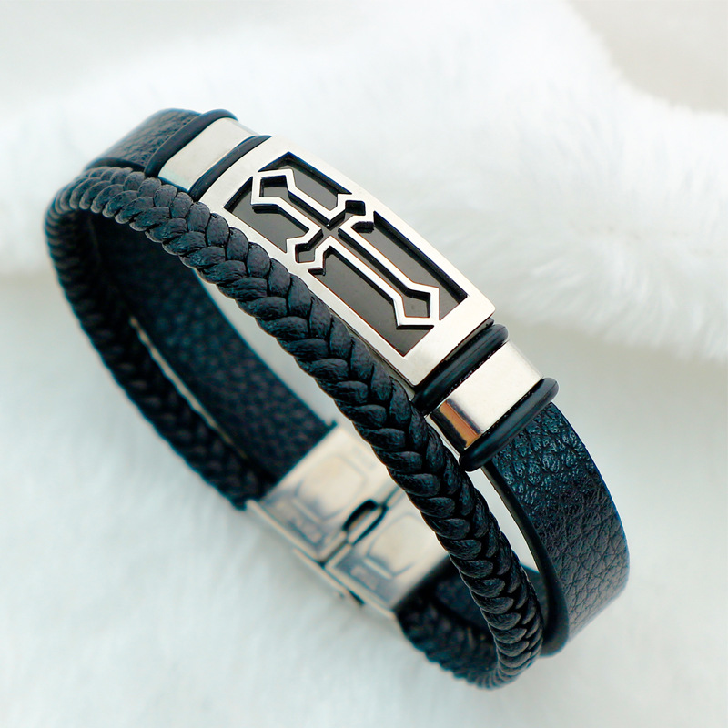 European and American fashion jewelry retro multi-layer handmade PU woven stainless steel men's bracelet cross titanium steel bracelet