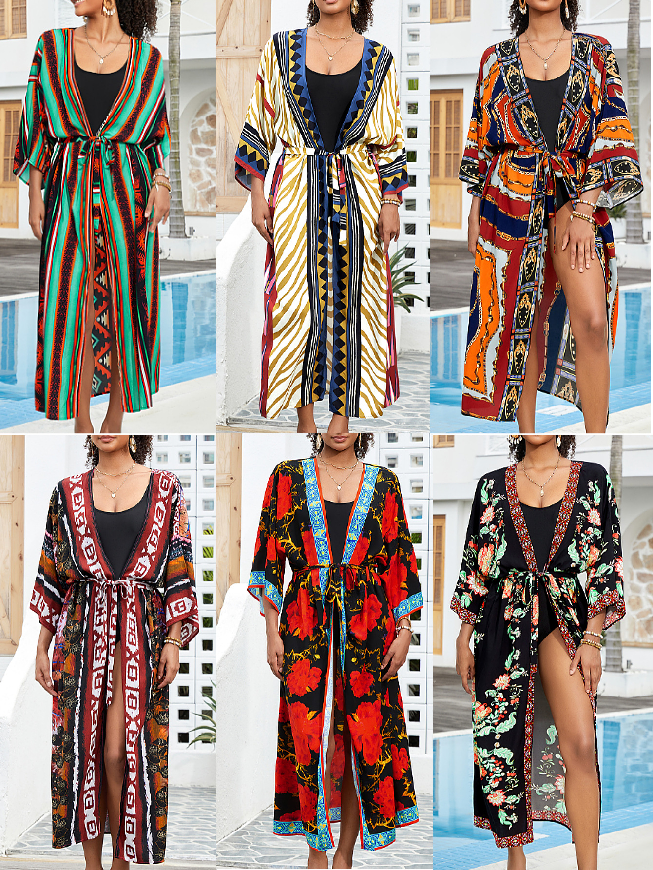 Blusa de playa Cárdigan con estampado de rayón Cárdigan largo bohemio Bikini Protector solar Camisa en traje de baño B006