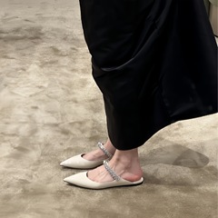 羊皮版~夏季外穿真皮包頭平底半拖鞋女高級感涼拖鞋尖頭法式半托