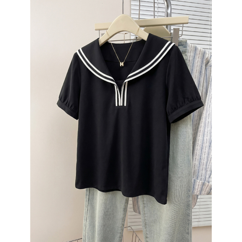 College-style navy collar short-sleeve shirt for women, black, age-reducing, slimming, versatile top, women's striped summer loose-fitting shirt College-style navy collar short-sleeve shirt for women, black, age-reducing, slimming, versatile top, women's striped summer loose-fitting shirt