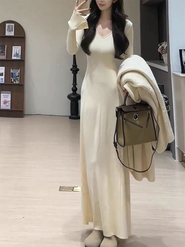 胖大码-斤法式领长袖连衣裙女秋冬收腰显瘦过膝打底长裙潮|undefined