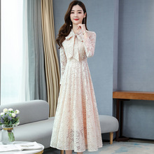 女5032长袖蕾丝连衣裙女2025秋季新款韩版中长款高腰显瘦A字裙
