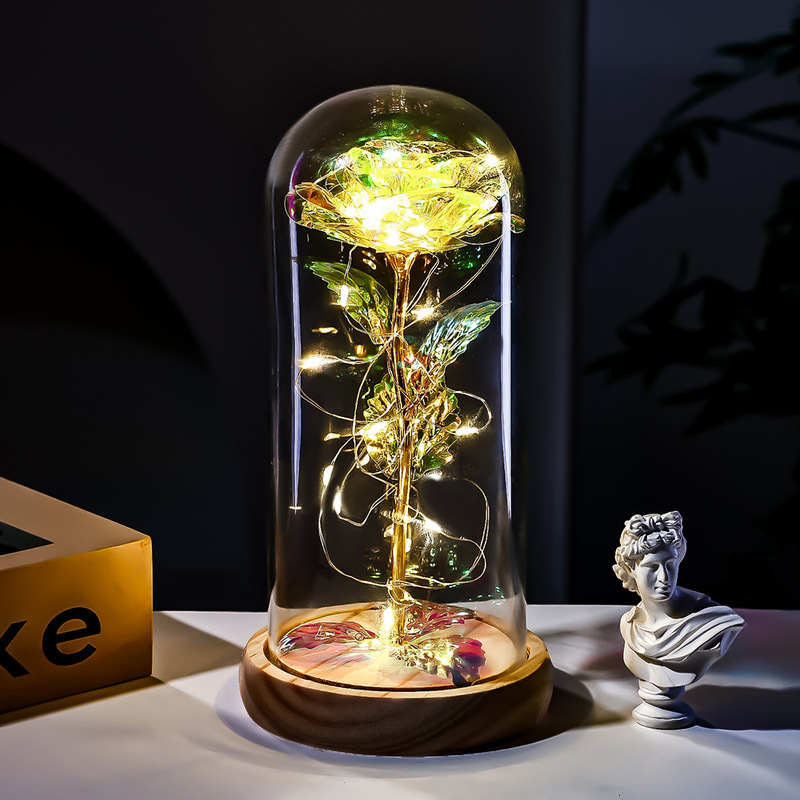 情人节礼物原木底金箔玫瑰花玻璃罩跨境创意摆件圣诞节生日礼物|undefined