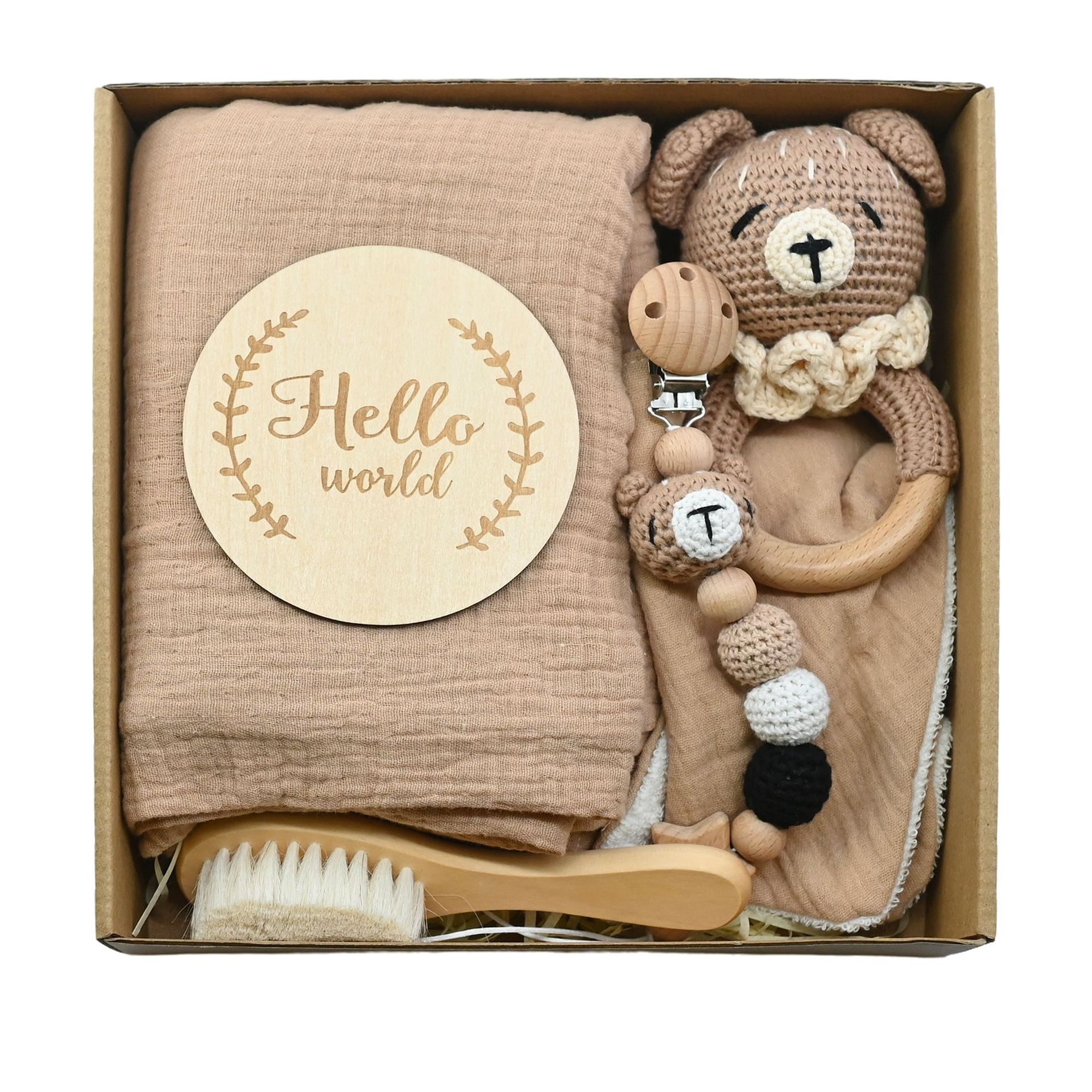 Nuevo bebé animal crochet campana de madera caja de regalo de nacimiento juego cadena de chupete bebé nacimiento luna llena regalo