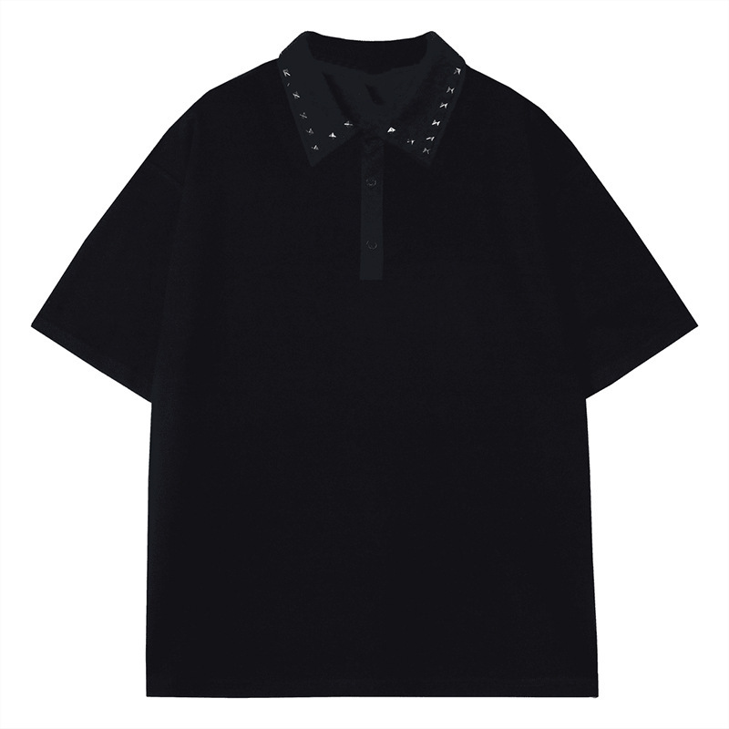 2024 New Men's Black Casual Polo Shirt Stitching Lapel Short-sleeved Ins Loose Fashion All-match T-shirt Trend