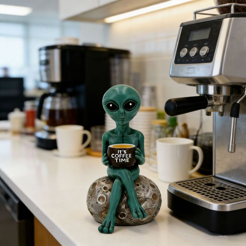 Quirky Alien Reading a Book Coffee Statue Resin Crafts Alien Figure Decoration for Restaurant and Living Room Tabletop Decoration