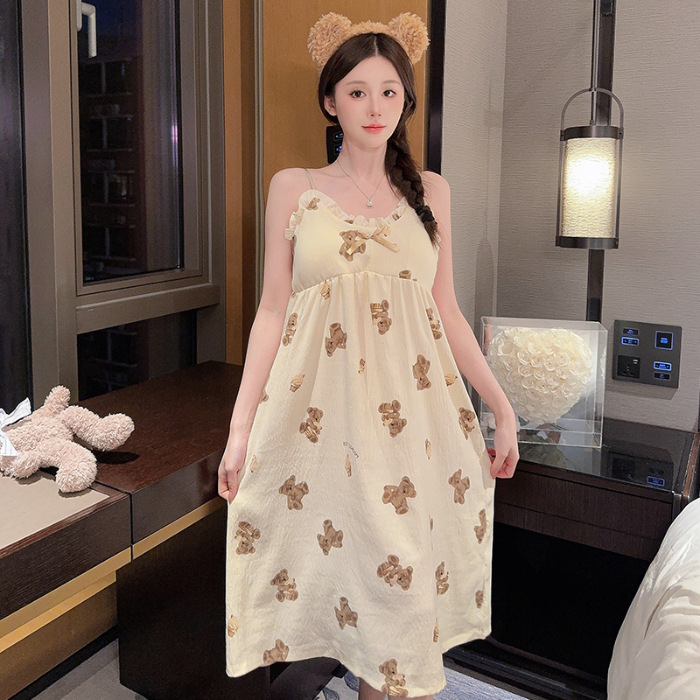 Verano con almohadilla de pecho pijama largo mediano pijama mujer nubes de algodón dulce lindo estudiante vestido de ropa casera casual