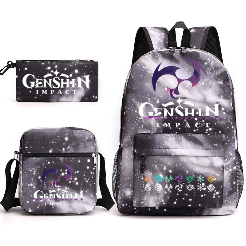 Backpack set (Genshin) 3‑piece — backpack, one‑shoulder bag, pencil case, assorted colors