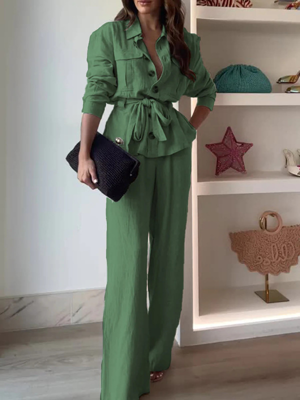 欧美跨境女装两件套女2025翻领长袖衬衫纽扣休闲纯色裤阔腿套装|undefined