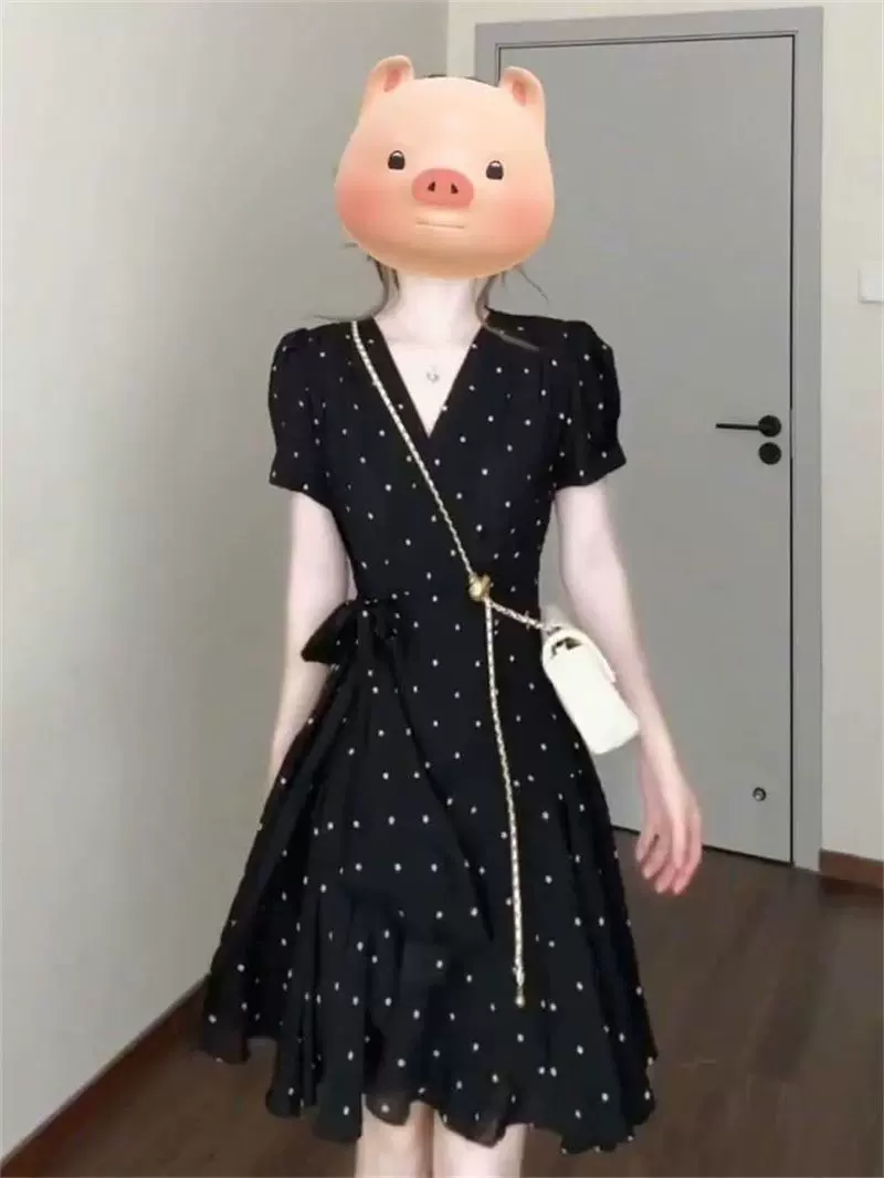 韩系气质高级感波点短袖v领连衣裙女学生夏季收腰显瘦绝美公主裙