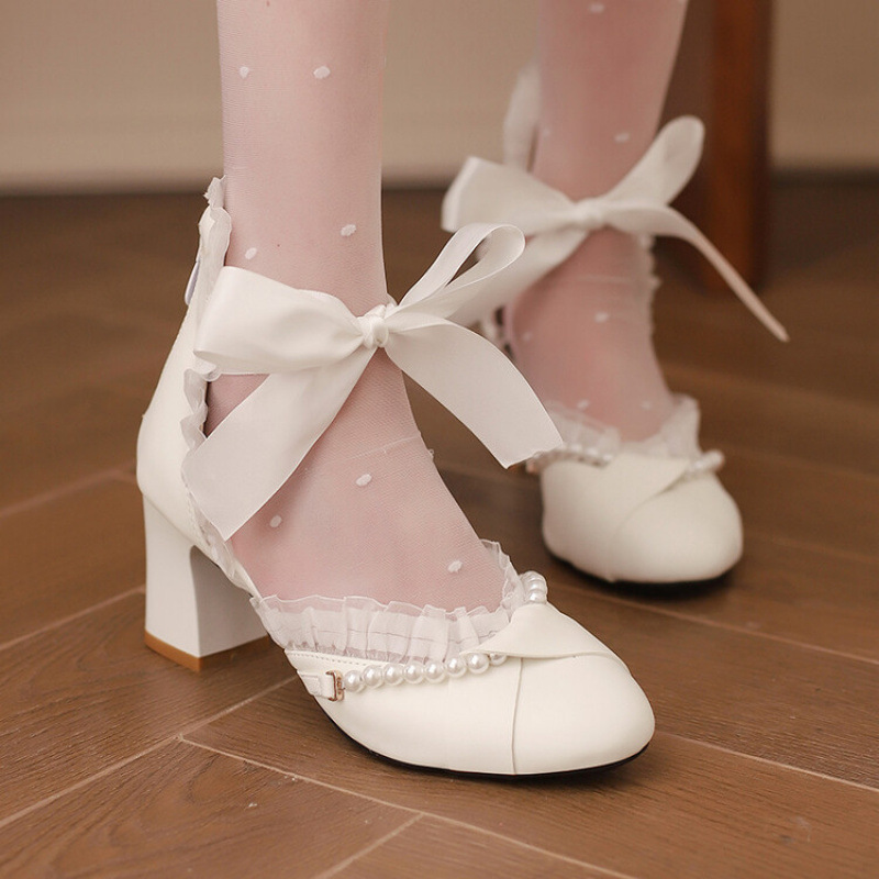 2025洛丽塔高跟鞋女蝴蝶结丝带流苏中大童学生凉鞋大码批发外贸