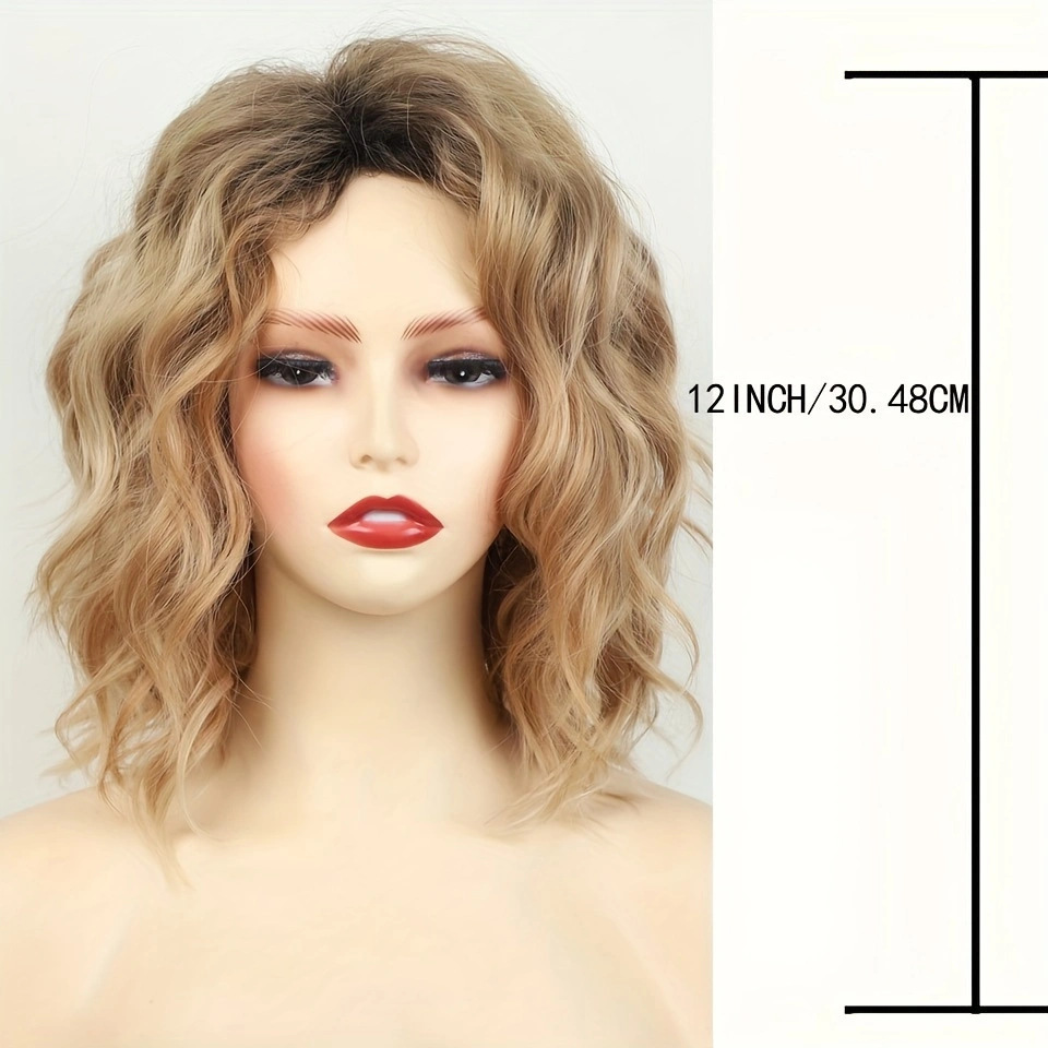 Short Curly Synthetic Wig With Gradient Gold Roots Body Wave_voghion.com