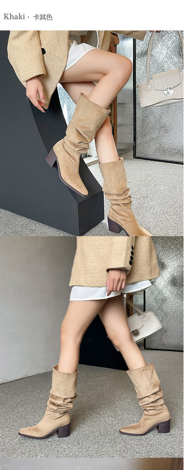 Bốt nữ cao cổ gót chunky mũi vuông, ống rộng xếp nếp phong cách Tây, gót 6–8 cm — quần kaki, đen chi tiết 6