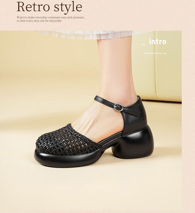 Sandal quai ngang cao gót nữ mũi bao dệt da thật, gót thô đế dày — Màu đen chi tiết 20