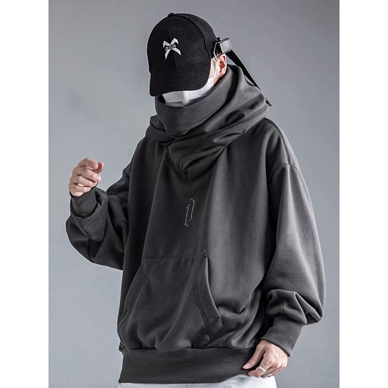 Original national fashion functional hip hop rush sweater men's Pu handsome turtleneck hooded loose High Street fashion coat top