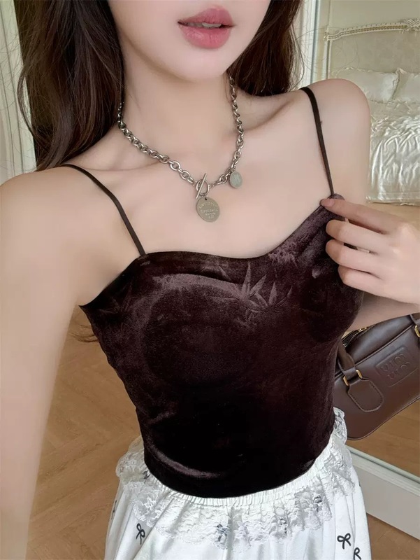 秋冬新款国风金丝绒美背修身一体式带胸垫百搭女肩带可调节|undefined