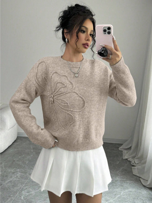 欧美跨境外贸亚马逊春夏新款显瘦纯色印花女士针织气质女提花毛衣|undefined