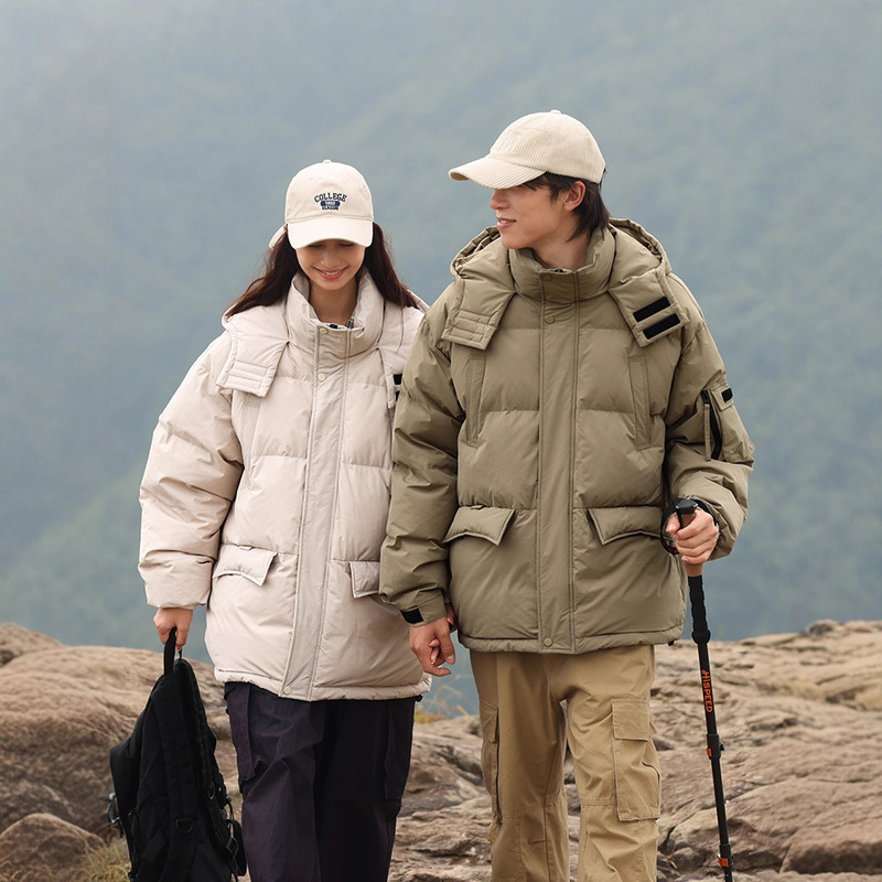 Japanese-Style Outdoor Hooded Workwear down Jacket for Men and Women Students with Large Pockets, Loose White Duck down Cold-Proof Casual Coat Trendy