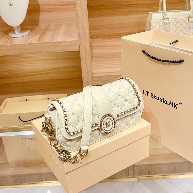 Túi đeo chéo nữ dây xích họa tiết caro sang trọng — Màu trắng be, Màu đen chi tiết 5