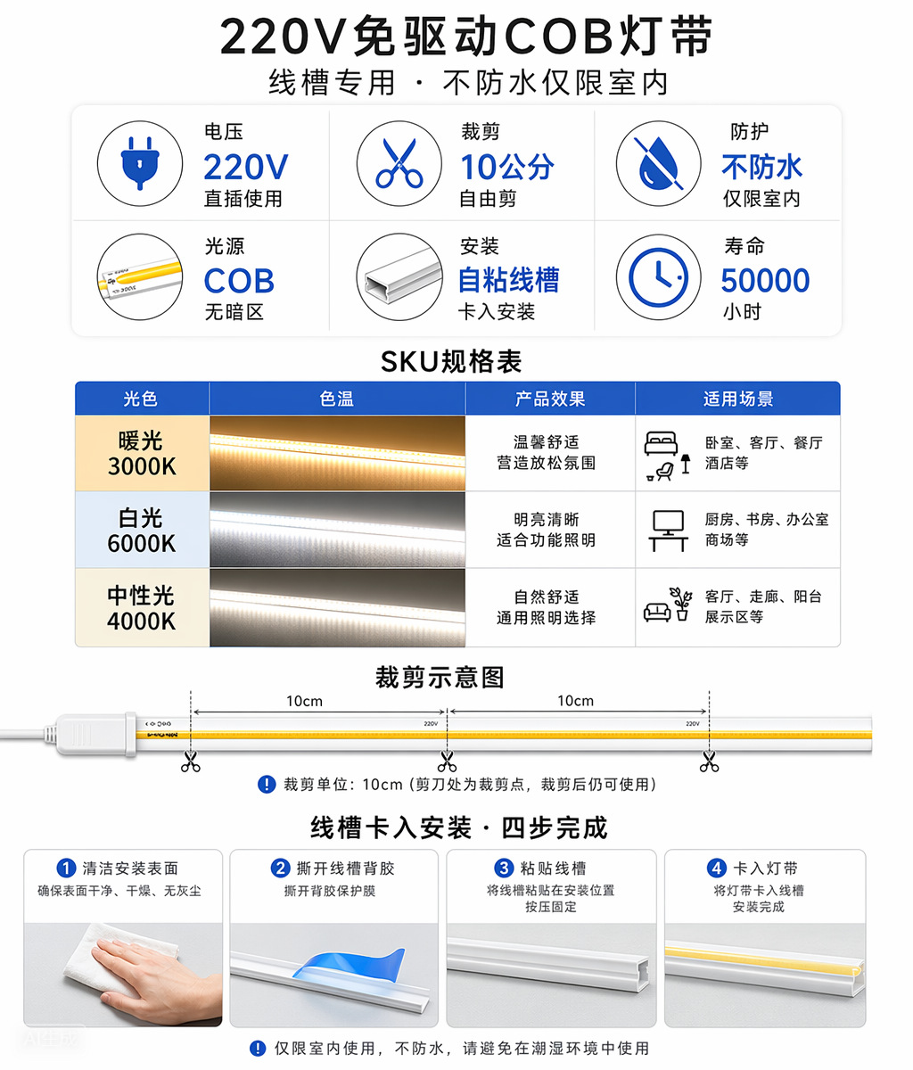 COB LED Strip Light Driver-Free Power Supply High Voltage 220V LED Home Decoration Ceiling ROHS Cross-Border Direct Plug Ready-to-Use Luminous Light Strip