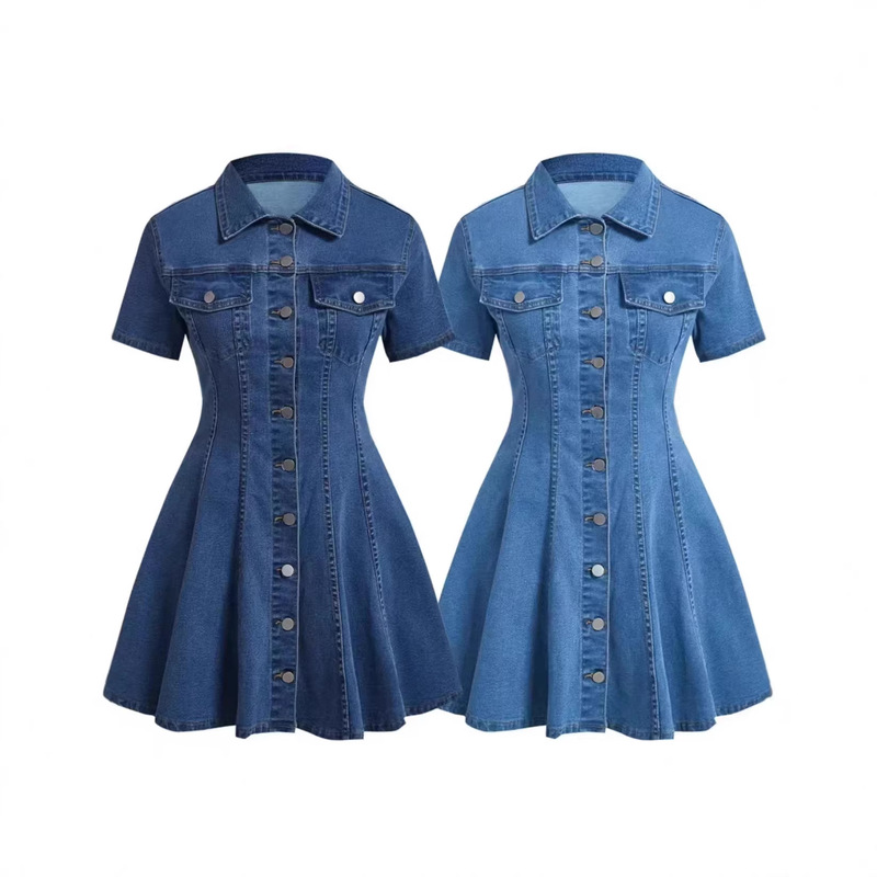 European and American Cross-Border Women's Clothing Aliexpress Amazon Independent Site New Denim Short-Sleeved Cardigan Waist-Cinching Dress for Women
