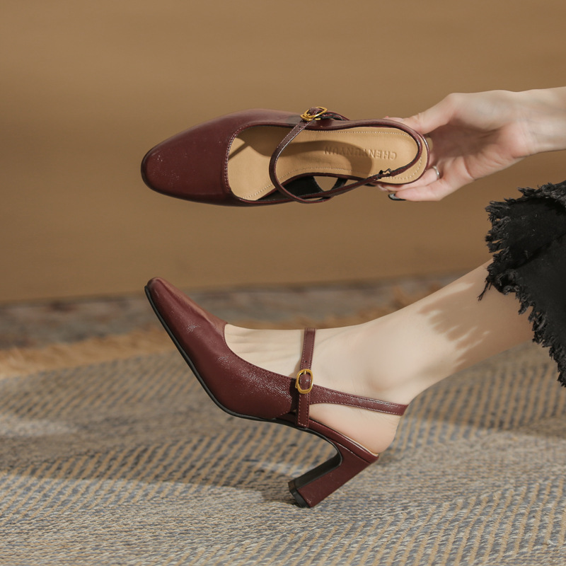 Jin Gang J4703_J6803 High Heel 2025 New Summer Square Head Thick Heel All-match Rear Empty Slippers for Women