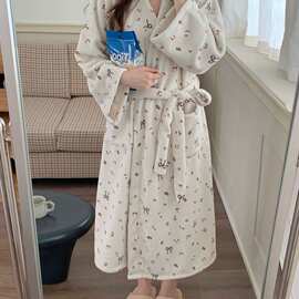 毛绒棕色小蝴蝶结印花V领系带长款睡袍女秋冬韩系减龄舒适批发