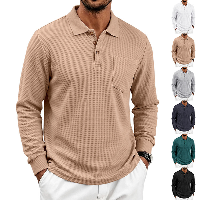Cross-border European and American men's autumn waffle knit heavy-duty simple casual commuter breathable turn-down collar long-sleeve polo shirt Cross-border European and American men's autumn waffle knit heavy-duty simple casual commuter breathable turn-down collar long-sleeve polo shirt