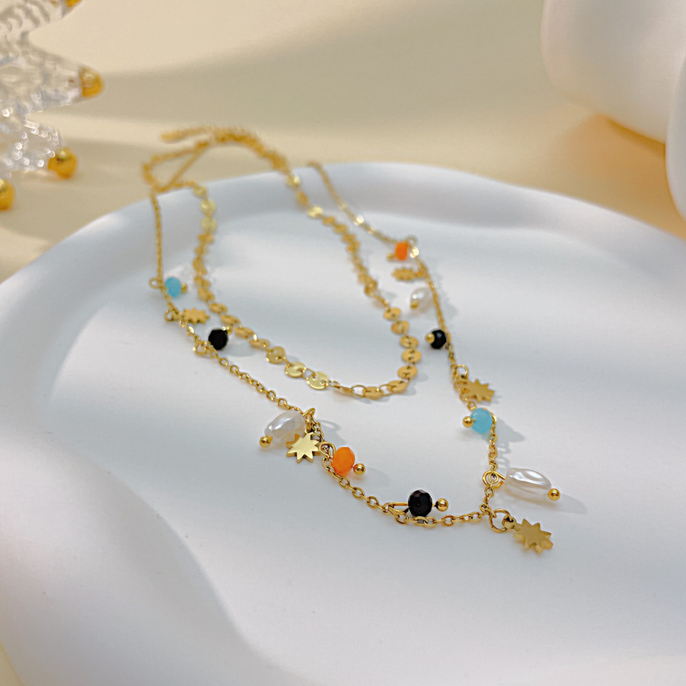 Doppellagige Perlenkette Für Damen, Edelstahl Halsschmuck Elegant_voghion.com