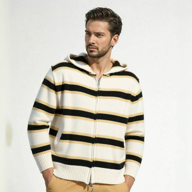 Gestreifter Kapuzenpullover für Herren – Übergroßer Strickpullover (Verdicktes Fleecefutter, überschnittene Schultern, gerippter Saum, maschinenwaschbar, Streetwear-Essential)_voghion.com