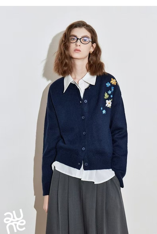 跨境羊绒毛衣女2025春秋新款扣重工花朵刺绣针织开衫休闲百搭上衣|undefined