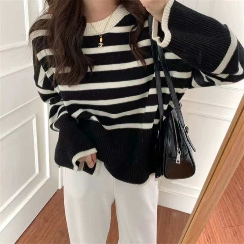 韩版条纹毛衣女慵懒风秋冬新款外搭开叉设计感撞色圆领套头针织衫|undefined