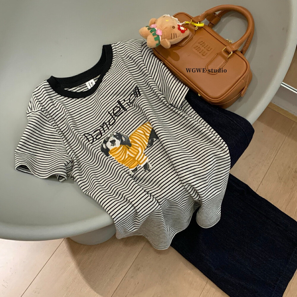 WGWE Korean Bordado Versión suelta Camiseta de manga corta a rayas Mujer 2025 Verano Nuevo estilo Casual Todo-fósforo Top W5201