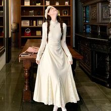 秋冬季连衣裙长袖针织蕾丝拼接收腰显瘦新款法式半高领打底长裙子