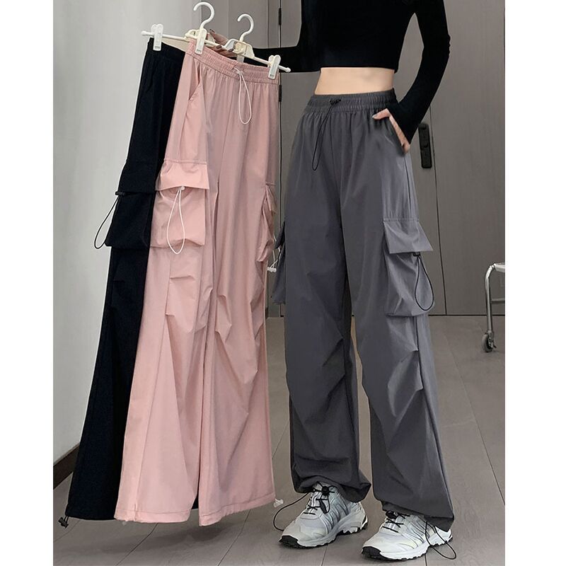 American Street Dance Drawstring Cargo Pants for Women, Spring and Autumn Loose Straight Wide-Leg Pants, Petite Slimming Sports Casual Pants American Street Dance Drawstring Cargo Pants for Women, Spring and Autumn Loose Straight Wide-Leg Pants, Petite Slimming Sports Casual Pants