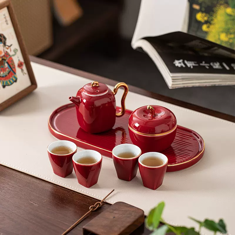 青瓷描金功夫茶具小套装一壶四杯家用高档小容量陶瓷泡茶具礼盒装