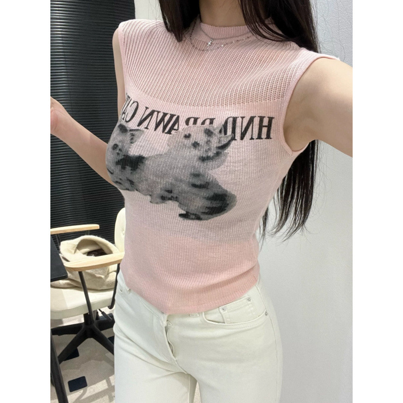 背心女2025新款春韩系小个子卡通提花设计感小众无袖镂空针织上衣|undefined