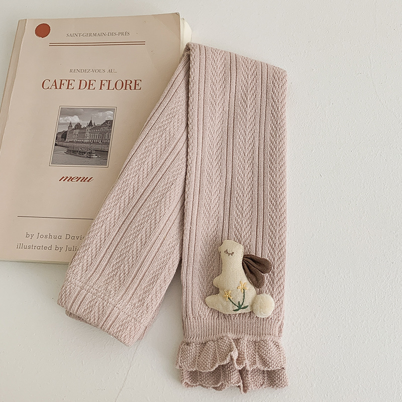 Pantalones para niños de algodón con volantes y pompón de conejo – moda primavera-otoño, para uso exterior.