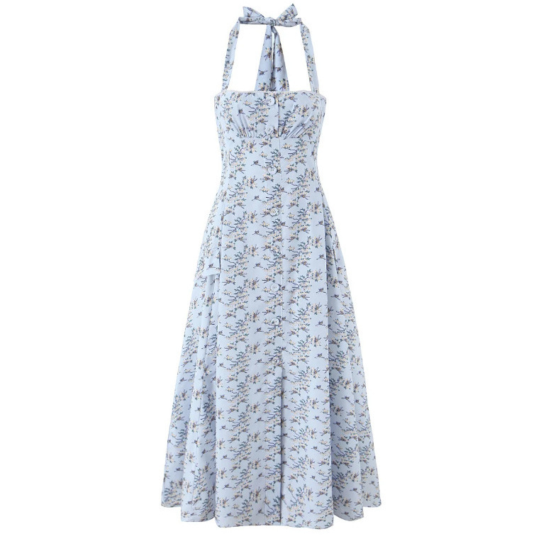 25 New Summer Style Women's French Hot Girl Style Dress with Halter Neck, Tie-Up Buttons, Mid-Length, Waist-Cinching, Slit Long Dress
